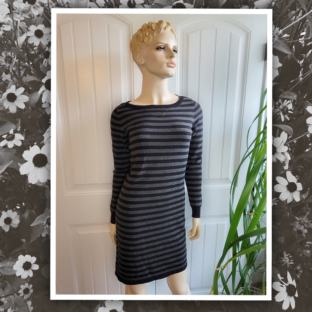 ANA black and gray striped long sleeve sweater dress knee length S